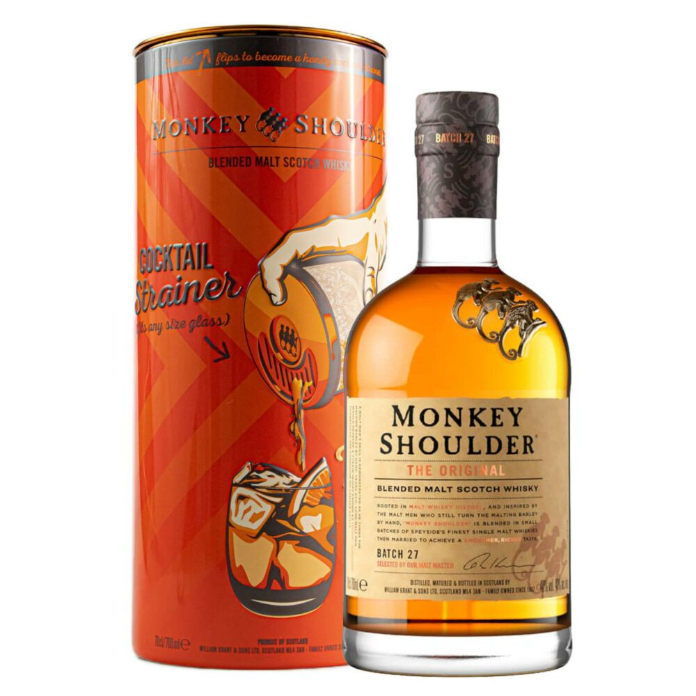 Monkey Shoulder whisky 0,7l 40% koktél szűrővel + fém DD